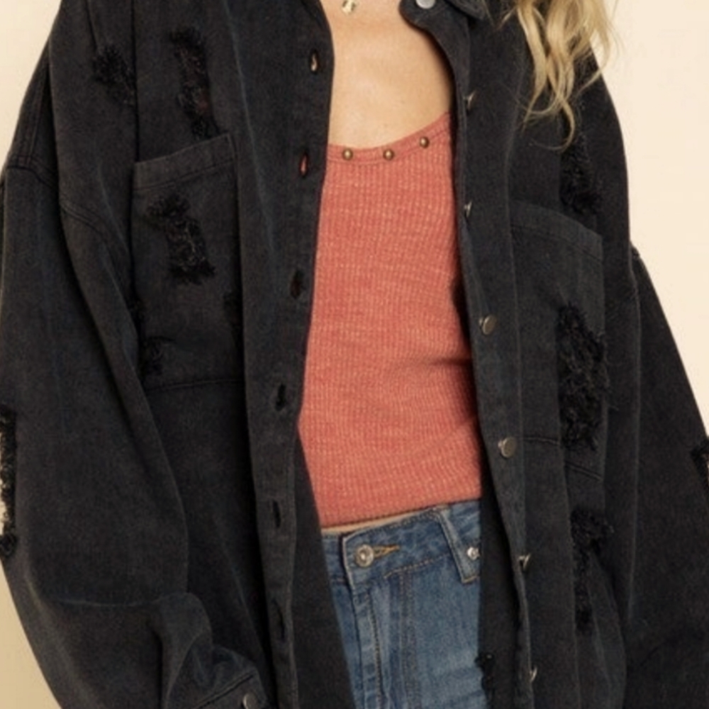 POL womens large black distressed denim shacket jacket